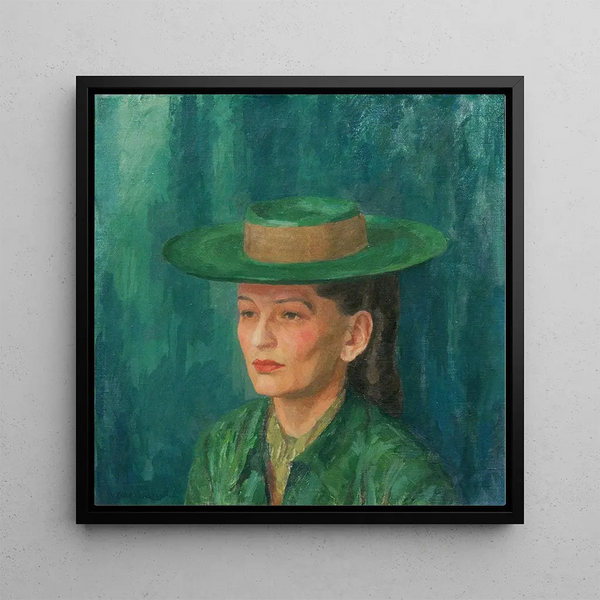 Grete Gamerith with a green hat - Walther Gamerith — framed artwork on a wall