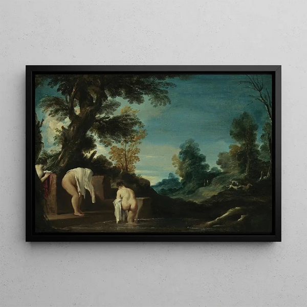 Landscape painting with women bathing - Guercino — framed artwork on a wall