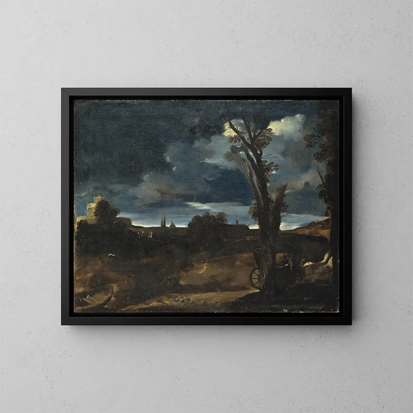 Landscape by Moonlight - Guercino — framed artwork on a wall