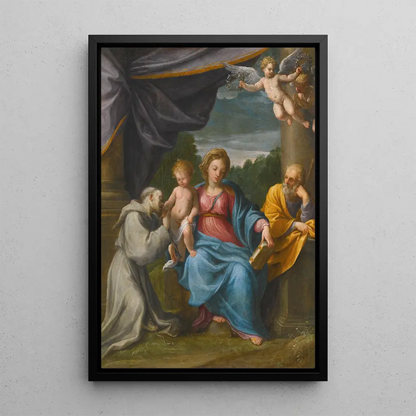 Holy Family with Saint Francis - Guido Reni — framed artwork on a wall