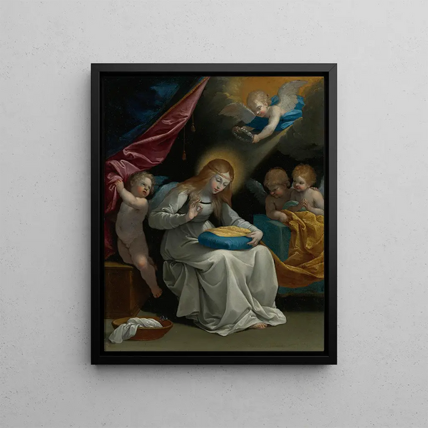 The Virgin Sewing, accompanied by four angels, known as The Seamstress - Guido Reni — framed artwork on a wall