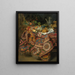 Nature morte avec des fruits, des récipients en or et en argent et un écureuil, le tout sur une table recouverte d'un tapis persan - Guiliam Gabron — framed artwork on a wall