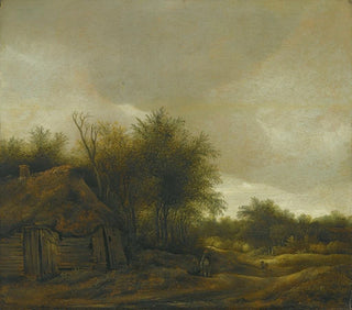 a dune landscape with figures on a sandy path near a cottage - Guillam Dubois — artwork view