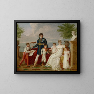 Portrait painting of Joachim Murat, his wife Caroline Bonaparte, and their family with a view of Naples - Guillaume Descamps — framed artwork on a wall
