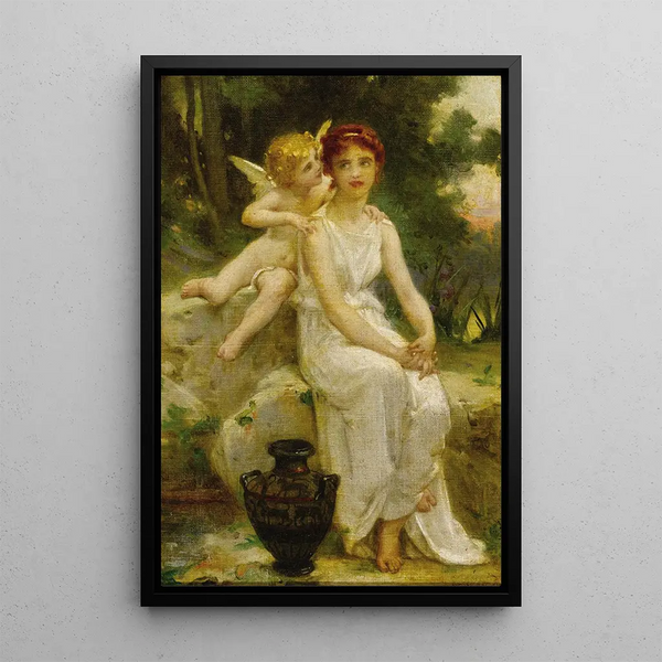 Cupid whispering to a young girl - Guillaume Seignac — framed artwork on a wall