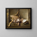 Still life with a dead bird and hunting equipment - Guillaume Taraval — framed artwork on a wall