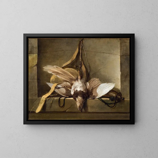 Still life with a dead bird and hunting equipment - Guillaume Taraval — framed artwork on a wall