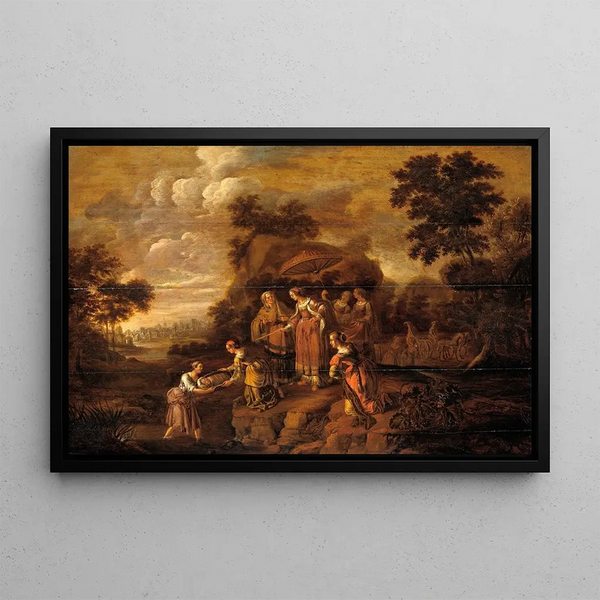 La fille de Pharaon découvre Moïse dans le panier de joncs - Guilliam du Gardijn — framed artwork on a wall