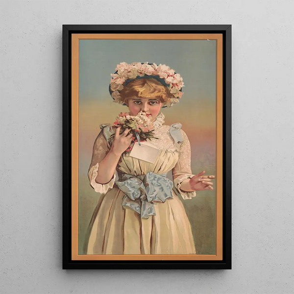 Young girl smelling a corsage - Gumpert Bros — framed artwork on a wall