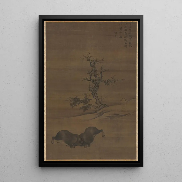 Boys of the Herd and Buffalo in the Landscape - Guo Min — framed artwork on a wall