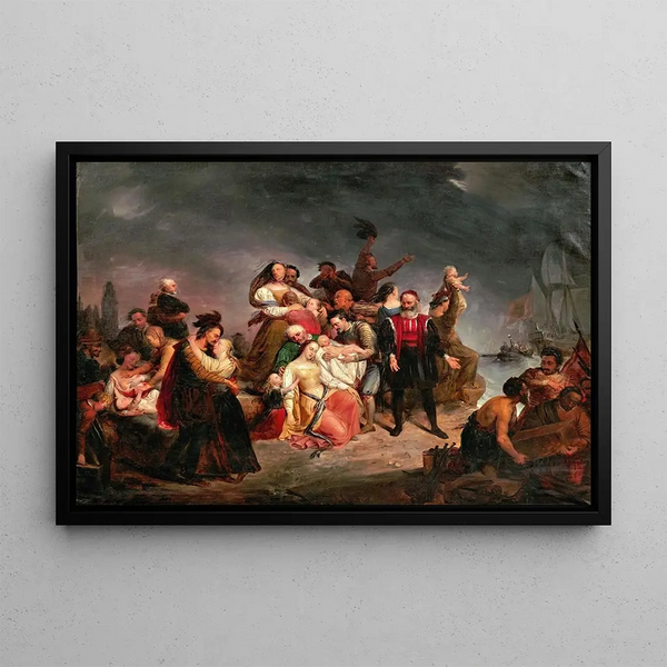 The Departure for America or Boarding on the Mayflower - Gustaf Wappers — framed artwork on a wall