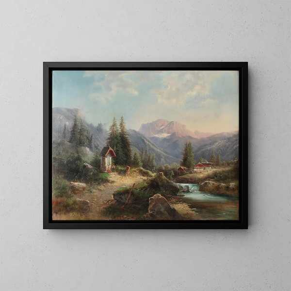 Landscape of Bach with figures - Gustav Barbarini — framed artwork on a wall