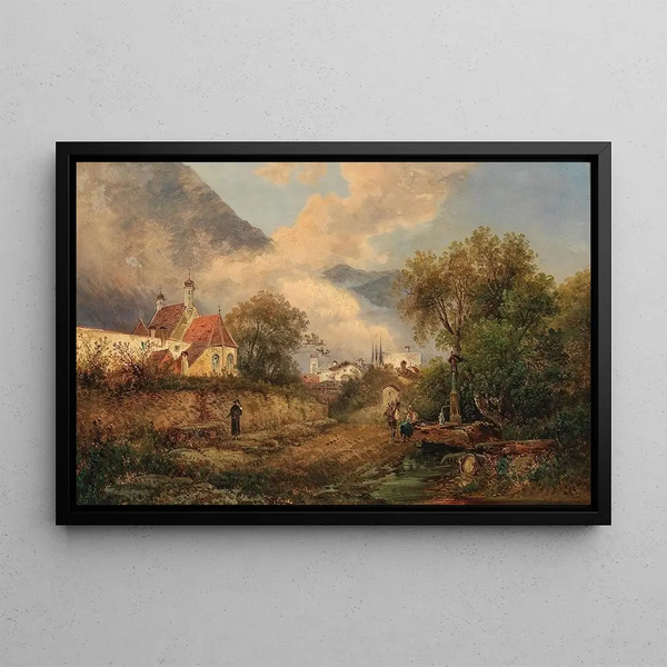Near the fountain in front of the village - Gustav Barbarini — framed artwork on a wall
