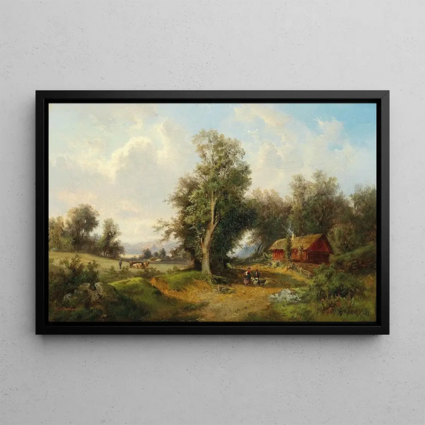 Landscape painting in the Alpine foothills with grazing livestock - Gustav Barbarini — framed artwork on a wall