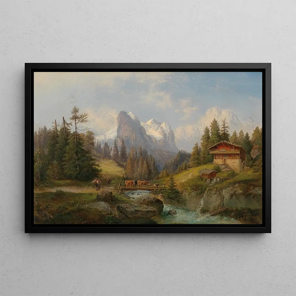 Mountain Pastoral Landscape Painting - Gustav Barbarini — framed artwork on a wall