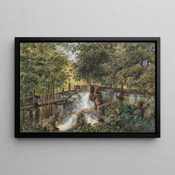 Parcelle de forêt avec une ruine de ruisseau en bois - Gustav Barbarini — framed artwork on a wall
