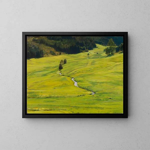 Sunny Valley Forest with Stream - Gustav Kampmann — framed artwork on a wall