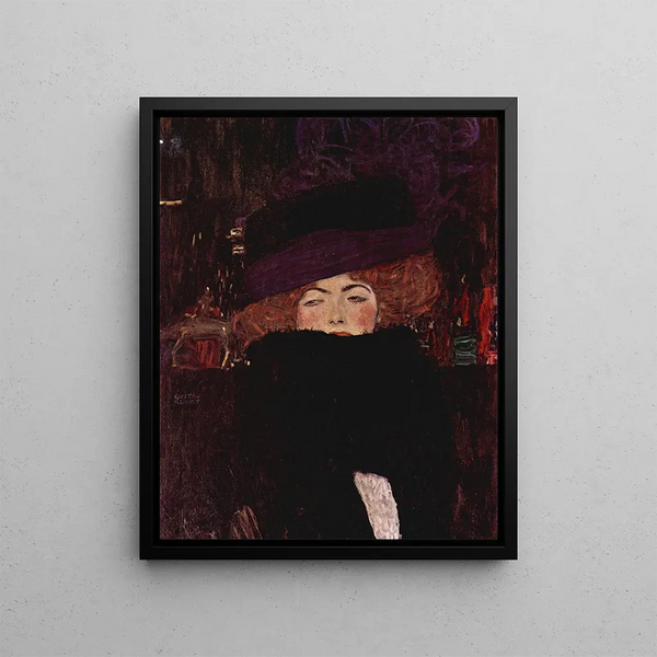 Lady with Hat and Feather Boa - Gustav Klimt — framed artwork on a wall