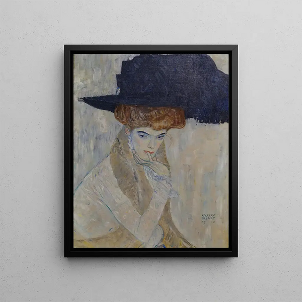 The Black Feathered Hat - Gustav Klimt — framed artwork on a wall