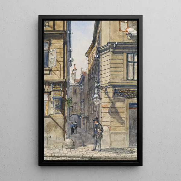 La Brunngasse with the first vegetarian restaurant in Vienna - Gustav Korompay — framed artwork on a wall