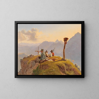 Hunters resting at the summit, scene in the Salzkammergut - Gustav Reinhold — framed artwork on a wall