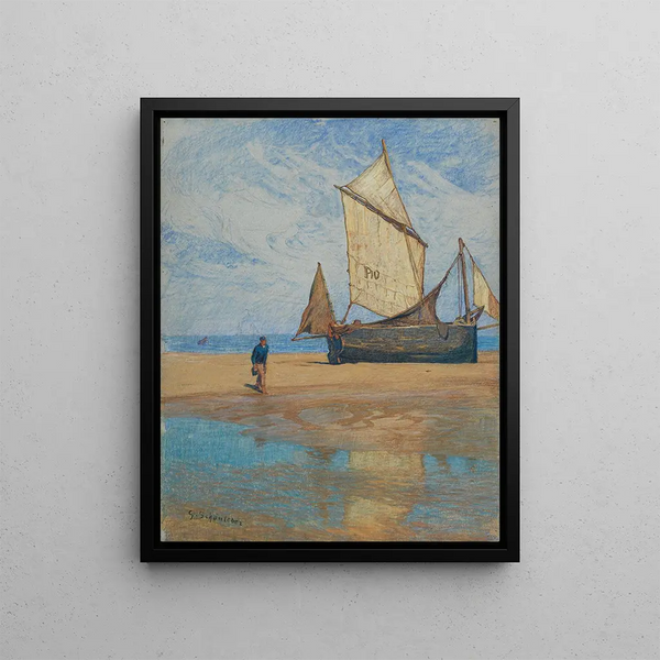 Sailboat at low tide on the beach - Gustav Schönleber — framed artwork on a wall