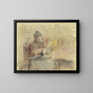 Woman Knitting - Gustav Schrägle — framed artwork on a wall