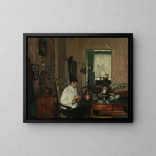 Breakfast Painting I The artist's mother and brother - Gustav Wentzel — framed artwork on a wall