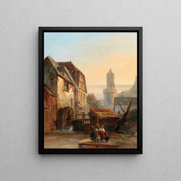 Andernach sur le Rhin Lavandières au moulin - Gustave Adolphe Simonau — framed artwork on a wall