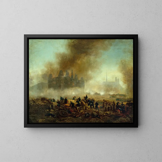 L'Hôtel de Ville incendié assailli par les troupes de Versailles - Gustave Boulanger — framed artwork on a wall