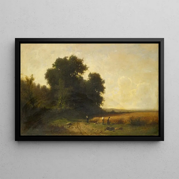Wheat harvest at the edge of a forest - Gustave Castan — framed artwork on a wall