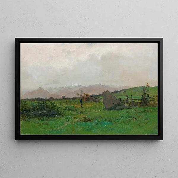 Landscape painting with hiker - Gustave Castan — framed artwork on a wall