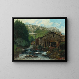 a mill in a rocky landscape - Gustave Courbet — framed artwork on a wall