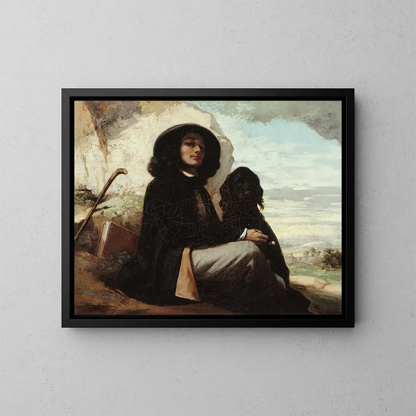 Self-portrait with a black dog - Gustave Courbet — framed artwork on a wall