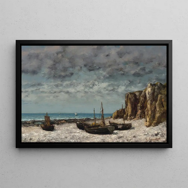 Bateaux sur une plage, Étretat - Gustave Courbet — framed artwork on a wall