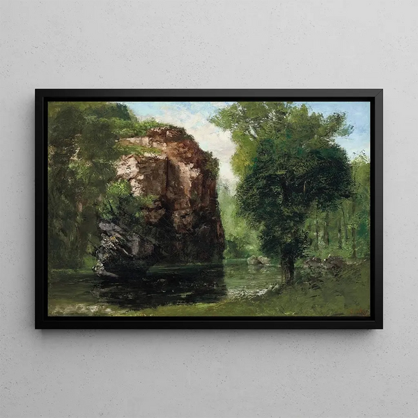 Bords de la Loue avec rochers à gauche - Gustave Courbet — framed artwork on a wall