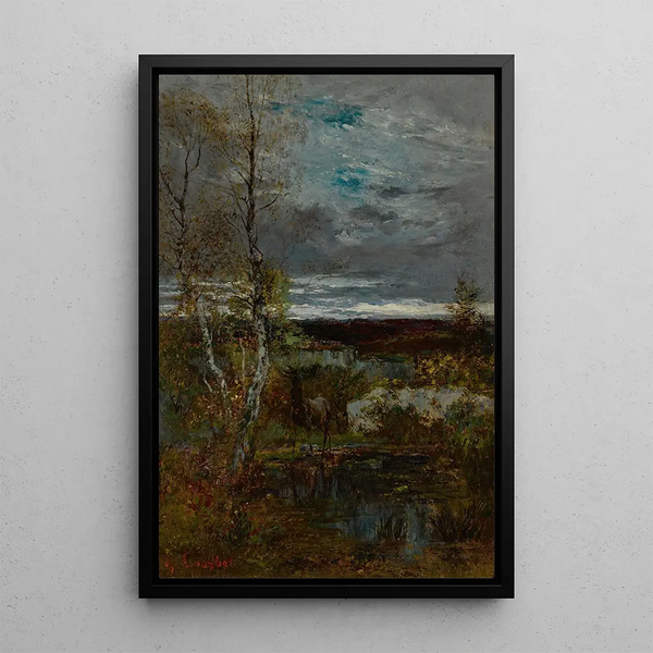 Deer at the Pond - Gustave Courbet — framed artwork on a wall