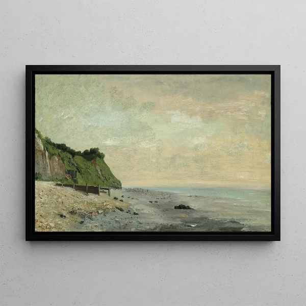 Falaise au bord de la mer vue Petite Plage soleil levant - Gustave Courbet — framed artwork on a wall