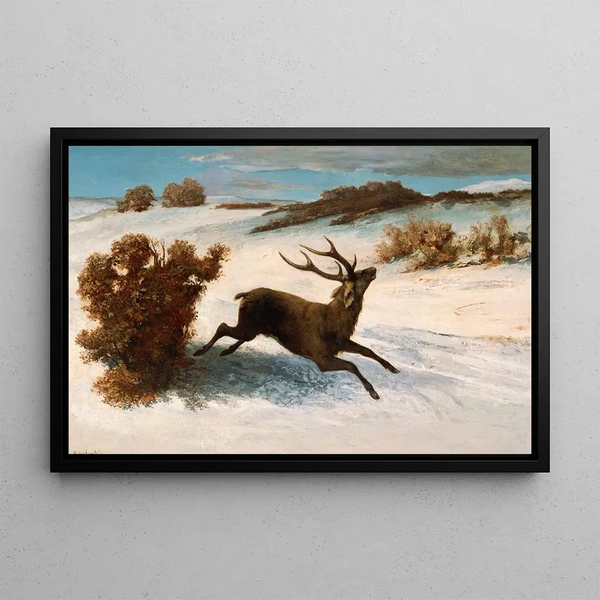 Stags running in the snow - Gustave Courbet — framed artwork on a wall