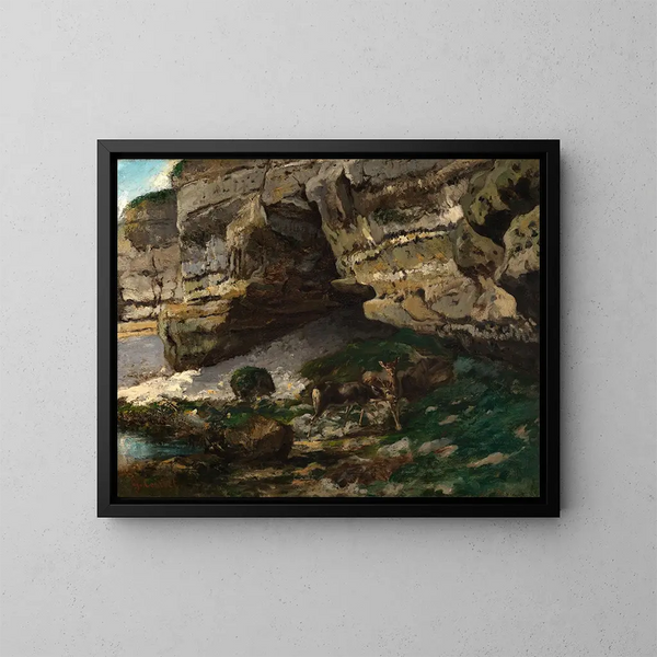 Rocky landscape with deer - Gustave Courbet — framed artwork on a wall