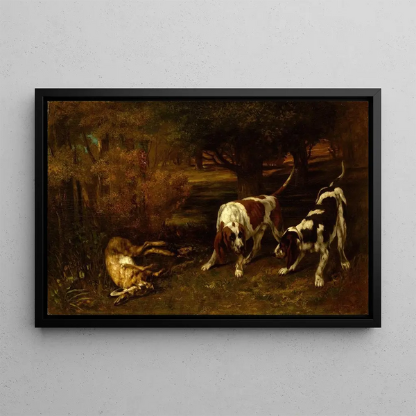 Hunting dogs with dead hare - Gustave Courbet — framed artwork on a wall