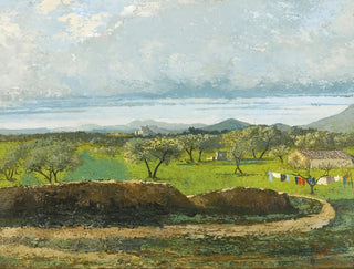 Landscape painting with wall and orchard - Gustave Courbet — artwork view