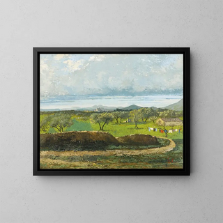 Landscape painting with wall and orchard - Gustave Courbet — framed artwork on a wall