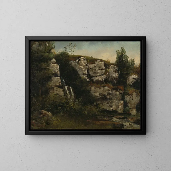 Landscape with rocky cliffs and a waterfall - Gustave Courbet — framed artwork on a wall
