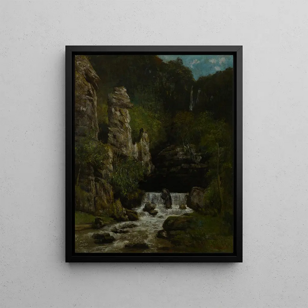 Landscape with a Waterfall - Gustave Courbet — framed artwork on a wall