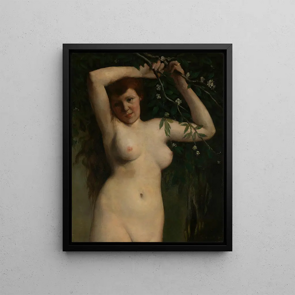 Nude Painting with Flowering Branch - Gustave Courbet — framed artwork on a wall