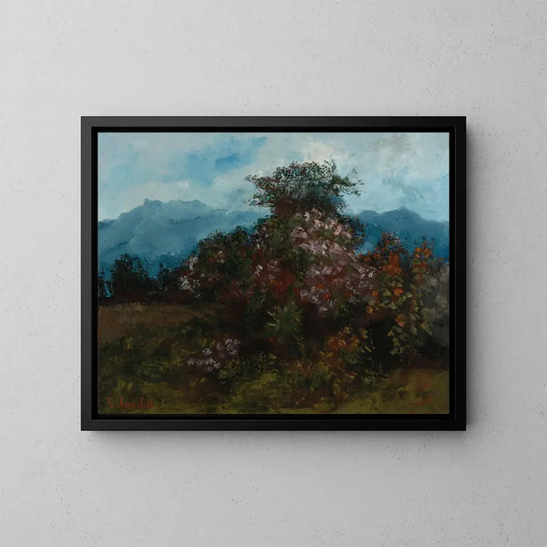 Landscape painting with flowering massif - Gustave Courbet — framed artwork on a wall