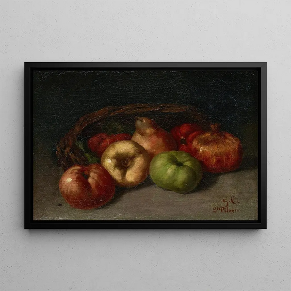 Still life with apples, pear, and pomegranates - Gustave Courbet — framed artwork on a wall
