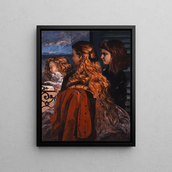 Three Young English Women by a Window - Gustave Courbet — framed artwork on a wall