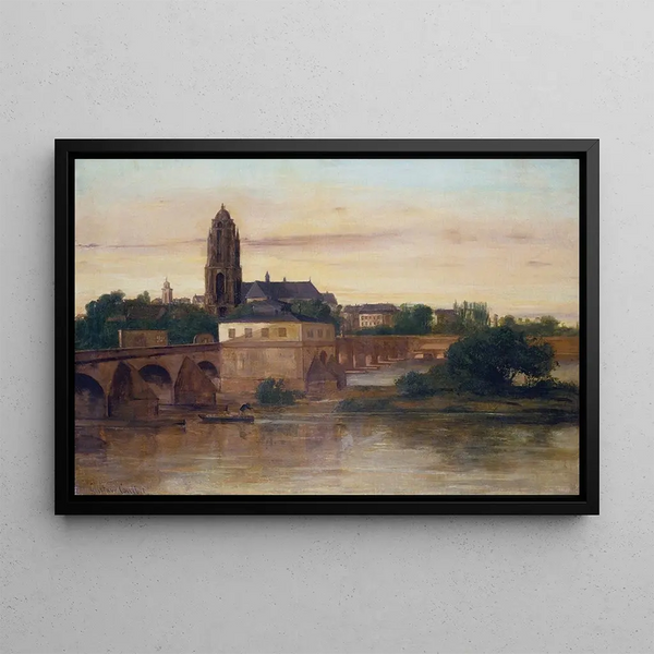 View of Frankfurt with the Old Bridge from Sachsenhausen - Gustave Courbet — framed artwork on a wall